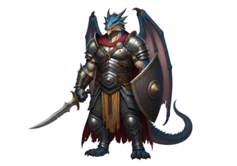A powerful blue dragon warrior in full plate armor, holding a sword and shield, stands against a dark background.