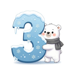 Cute cartoon polar bear hugging a wintery number three.