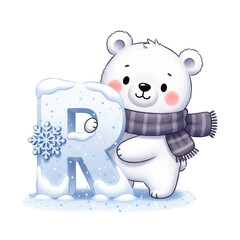 A cute cartoon polar bear wearing a scarf, hugging a large ice letter R decorated with a snowflake and snow.