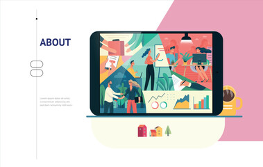 E-commerce information vector graphic A laptop with a “About” screen showing a colorful scene, on a light background