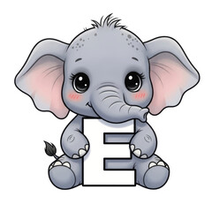 Adorable cartoon baby elephant holding a large white letter E, with big eyes and pink ears, sitting and smiling sweetly.