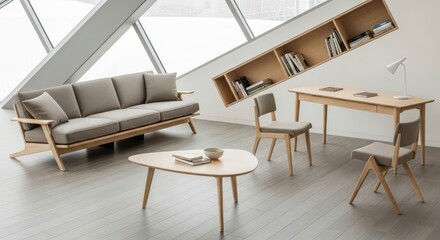 Modern living room with angled bookshelf, sofa, table, chairs, and geometric window