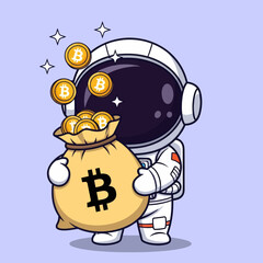 A cute cartoon astronaut in a spacesuit holding a large bag of Bitcoin cryptocurrency coins.
