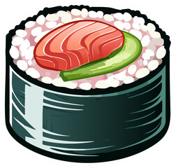 Classic cartoon style sticker of a single, perfectly round sushi maki roll, showing fresh pink salmon, creamy green avocado, and white rice, wrapped in dark nori, all surrounded by bold black outlines