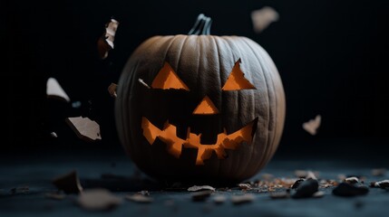 Fototapeta premium Spooky Halloween Pumpkin With Jagged Face Surrounded by Flying Pumpkin Fragments and Darkness