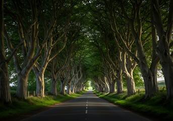 Obraz premium Sun-Dappled Canopy: A Road Through Green