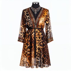 Sophisticated leopard print dress with jeweled neckline on white background display