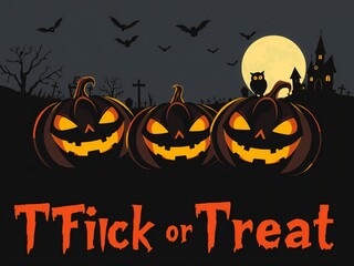 Spooky halloween night with carved pumpkins and full moon