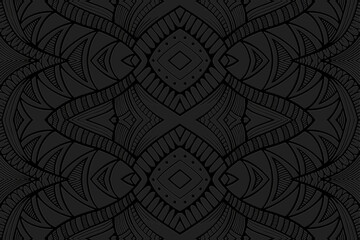 Ethnic black background, banner, tribal cover design, mural. Geometric embossed decorative boho pattern. Handmade in doodling, zentangle style. Motifs of the East, Asia, India, Mexico, Aztec, Peru.