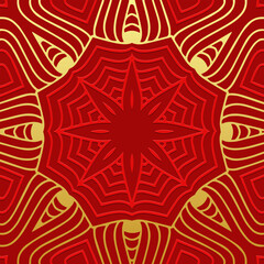 Ethnic red background, banner, tribal cover design, mural. Geometric embossed decorative gold pattern, ornament, mandala, logo. Motifs of the East, Asia, India, Mexico, Aztec, Peru.