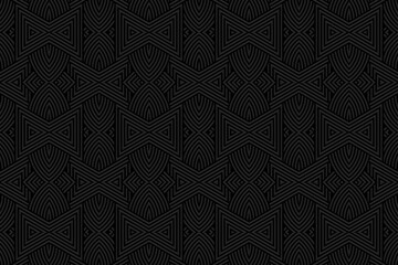 Ethnic black background, banner, cover design, fresco. Geometric embossed pattern. Ornamental motifs of the East, Asia, India, Mexico, Aztec, Peru.
