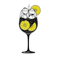 Wine glass with cola, ice, and lemon slices isolated on transparent background