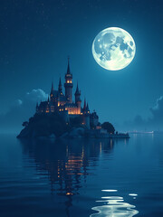 Naklejka premium majestic floating cityscape bathes moonlit serenity night sky delicate turrets spires reflected calm