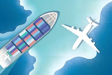 Aerial View of Cargo Ship with Airplane Shadow