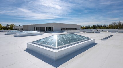 Elegant photo of image of an expansive white flat roof on a commercial building with a flat roof covered by a full skylight.