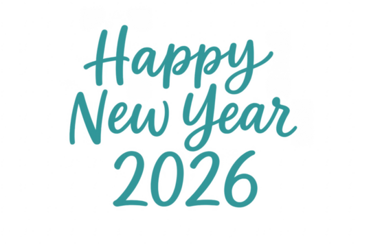 Happy new year 2026 turquoise lettering on transparent background