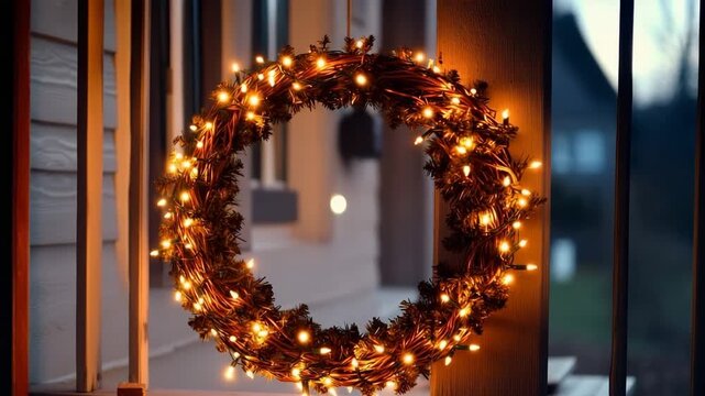 Twinkling fairy lights enhance a festive Christmas wreath on a cozy home entrance at night