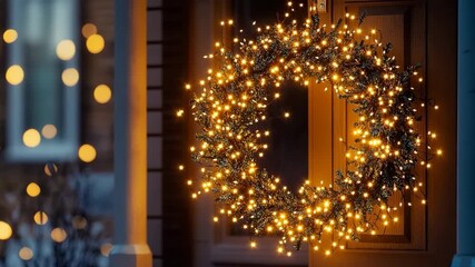 Twinkling fairy lights enhance a festive Christmas wreath on a cozy home entrance at night