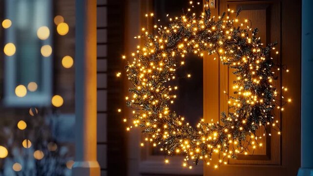 Twinkling fairy lights enhance a festive Christmas wreath on a cozy home entrance at night