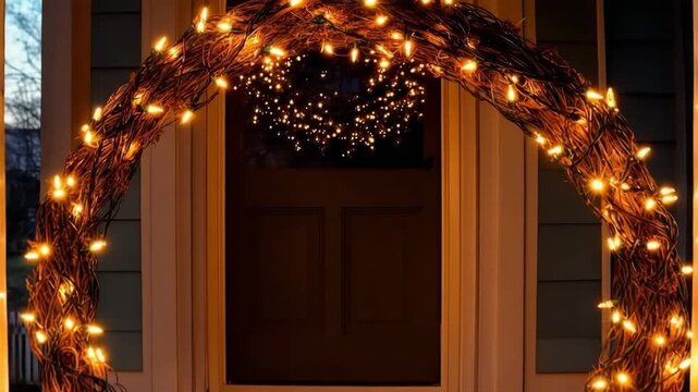 Twinkling fairy lights enhance a festive Christmas wreath on a cozy home entrance at night