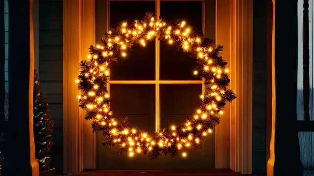 Twinkling fairy lights enhance a festive Christmas wreath on a cozy home entrance at night