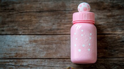 Pink Baby Bottle on Wooden Background.