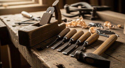 Classic woodworking tools on rustic wooden workbench