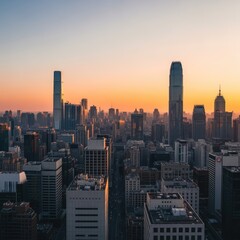 Obraz premium Cityscape at Sunset with Skyscrapers and Urban Skyline