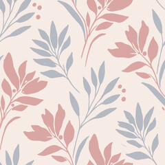 Seamless Pattern of Pink and Blue Floral Branches on Cream Background floral pattern leaf