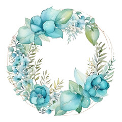 Watercolor floral wreath with teal and green foliage and flowers image photo