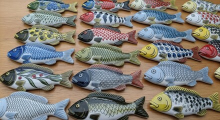Ceramic Fish Decor: An array of colorful ceramic fish are displayed on a light-colored surface. The artistry and variation in each piece is unique