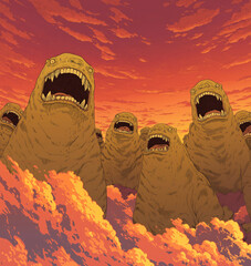 Group of cartoon-style monstrous creatures with wide open mouths and sharp teeth under a vivid red-orange sunset sky. The scene features stylized clouds and exaggerated monster designs