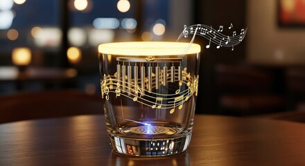 Illuminated musical glass with chimes and floating notes on a wooden table
