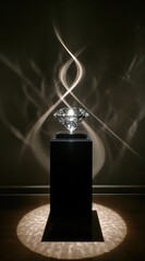 A large, brilliant-cut diamond rests on a black pedestal, dramatically lit, casting swirling light patterns on the wall behind it