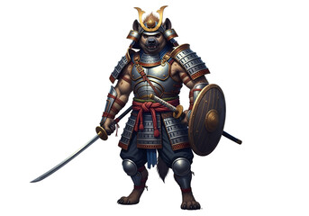 A formidable samurai warrior, clad in detailed armor, stands poised with sword and shield, showcasing dynamic poses and rich color palettes.