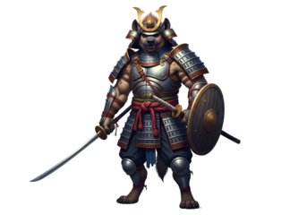 A formidable samurai warrior, clad in detailed armor, stands poised with sword and shield, showcasing dynamic poses and rich color palettes.