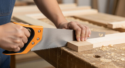 Hands sawing wood plank with hand saw on workbench