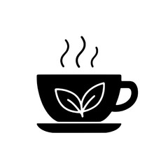 Black icon of a steaming cup of tea with leaves on a saucer, hot beverage, and aroma