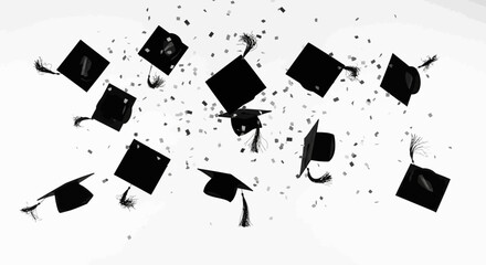 Graduation caps tossed joyfully in the air with confetti celebrating achievement and success