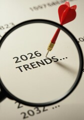 2026 Trends Focused: A detailed view on trend through magnifying glass and target, unveiling insights into future market trends, illustrating foresight and planning for strategic goals.