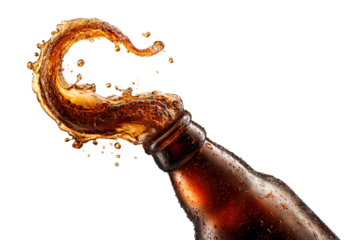Dynamic beer splash from open bottle, isolated on transparent cutout background