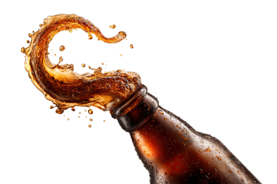 Dynamic beer splash from open bottle, isolated on transparent cutout background