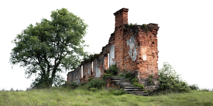 Ruined brick building in grassy field, isolated on transparent cutout background