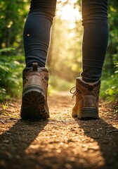 Trailblazer's Journey: A close-up captures a person's legs and hiking boots, traversing a sun-drenched trail, surrounded by lush greenery, emphasizing exploration and nature.