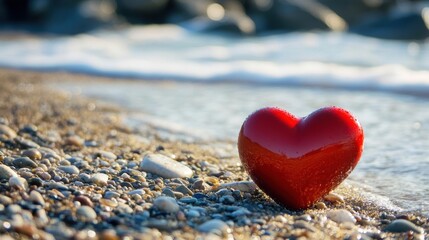 Fototapeta premium Red Heart on Pebble Beach.