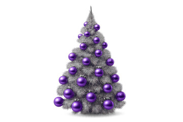 Silver christmas tree decorated with purple baubles on transparent background