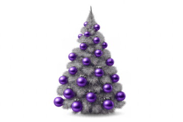 Silver christmas tree decorated with purple baubles on transparent background