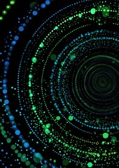 Fototapeta premium A mesmerizing spiral of vibrant green and blue light particles swirling inwards towards a dark center against a black background