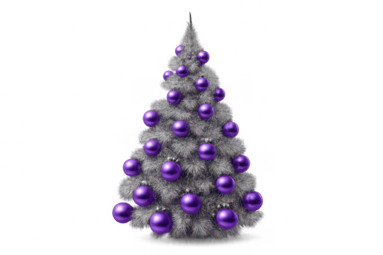 Silver christmas tree decorated with purple baubles on transparent background