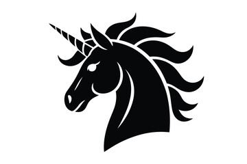 Fototapeta premium A black silhouette of a unicorn head with a horn and flowing mane on a plain white background view